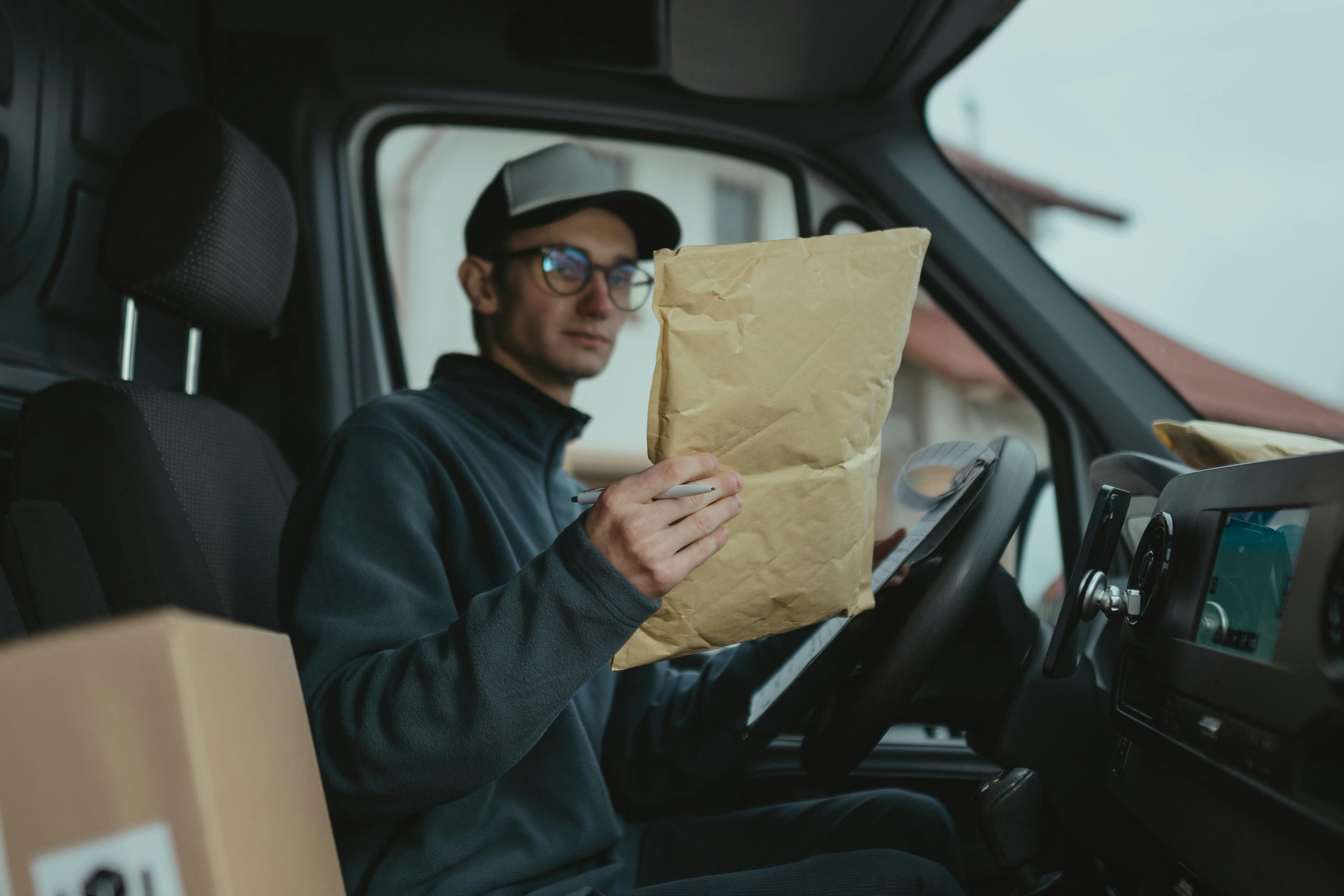 Driver in a dispatch van reviewing parcel paperwork before departure.